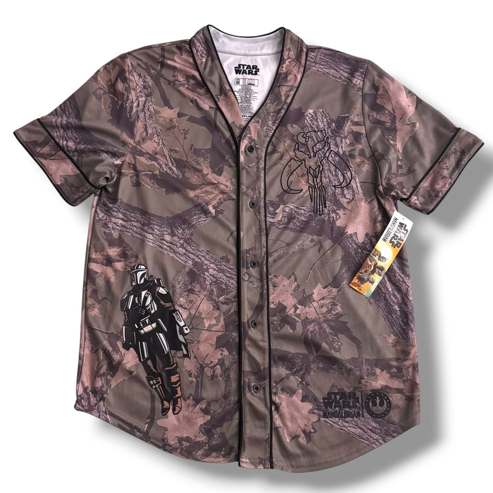 Star Wars Mandalorian Baseball Jersey Mens M Camo Mando Mythosaur Skull NWT